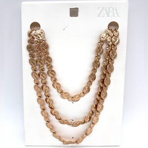 ZARA Gold Tone Three Strand Coin Medallion Embellishment Necklace NWT